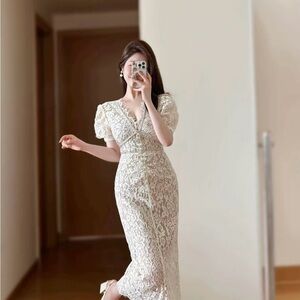 Self-Portrait White Sheath Maxi Dress with Puff Sleeves and V-Neck